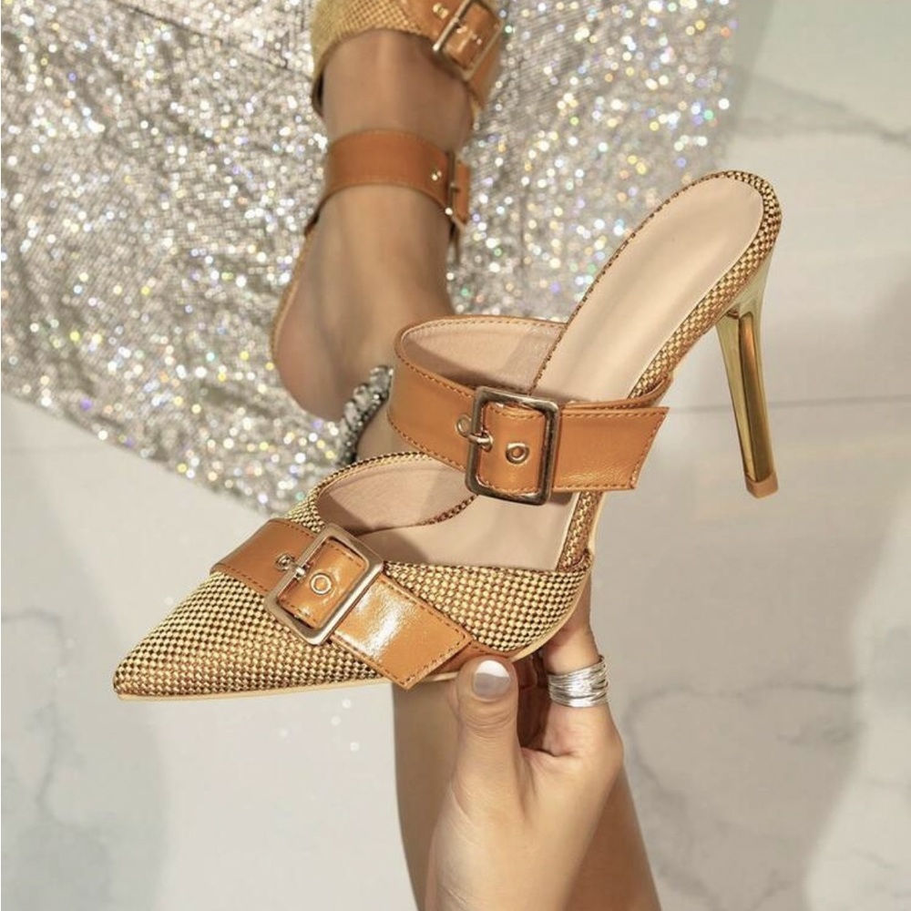 NIB Tan Buckle Pointed-Toe High Heel Mules